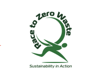 The image shows a green logo on a white background. The logo consists of a stylized figure running with one leg extended behind and the other bent forward, suggesting motion. The figure's head is a small circle. The text "Race to Zero Waste" curves around the top left side of the figure in a semicircular arc. Below the figure, the text "Sustainability in Action" is written in a smaller font.